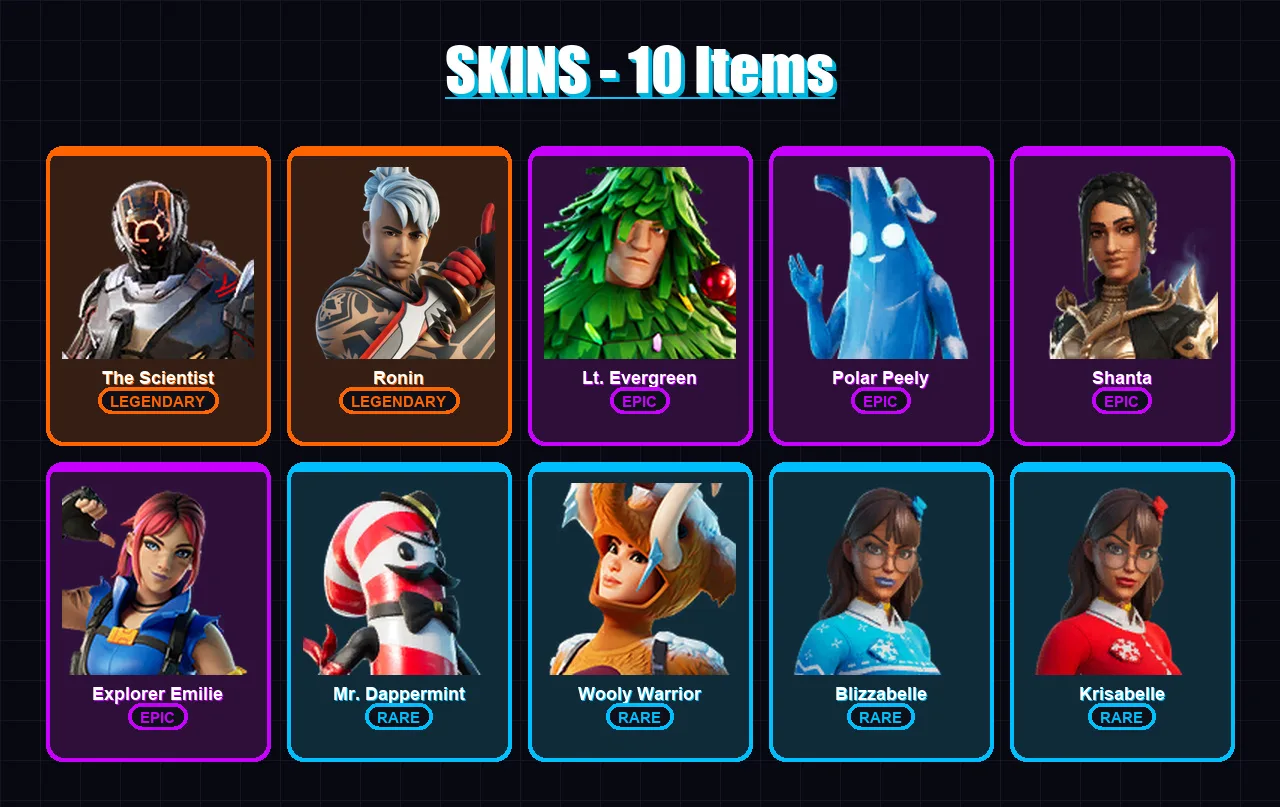 [PC/XBOX/PSN] | The Scientist | Ronin | Lt. Evergreen | Polar Peely | Shanta | 10 skin | 13 pickaxe | 18 emote | 14 glider | Lv300