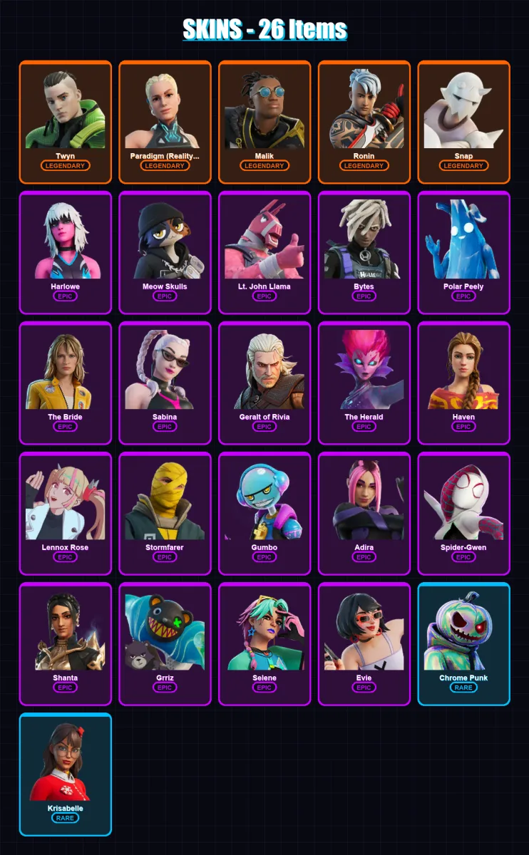 [PC/XBOX/PSN] | Twyn | Paradigm (Reality-659) | Malik | Ronin | Snap | 26 skin | 29 pickaxe | 21 emote | 28 glider | Lv302