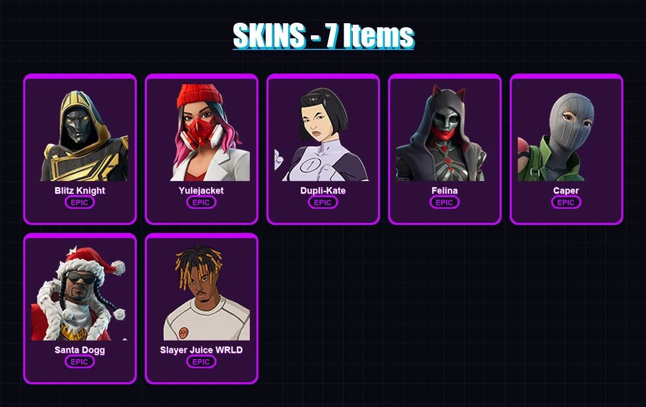 [PC/XBOX/PSN] | Blitz Knight | Yulejacket | Dupli-Kate | Felina | Caper | 7 skin | 46 pickaxe | 24 emote | 29 glider | Lv940