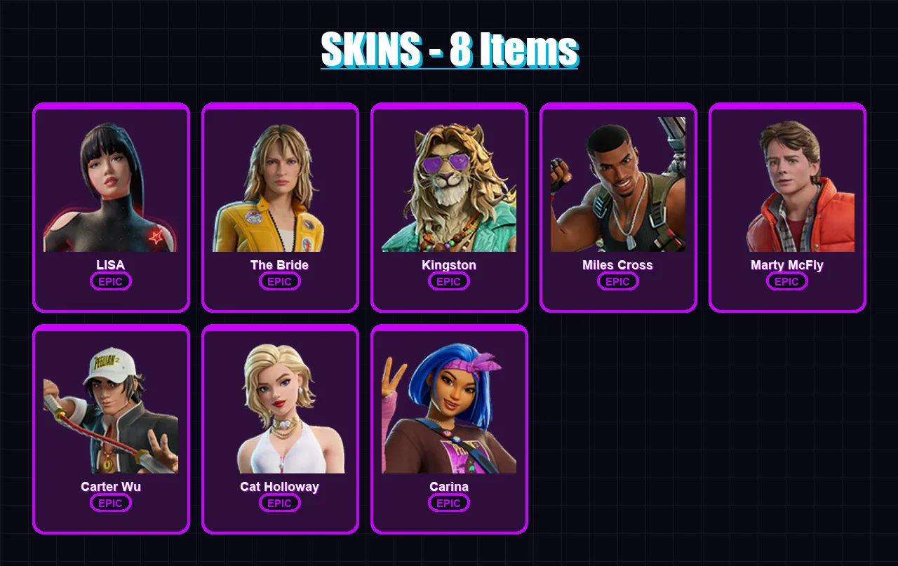 [PC/PSN] | LISA | The Bride | Kingston | Miles Cross | Marty McFly | 8 skin | 16 pickaxe | 19 emote | 12 glider | Lv102
