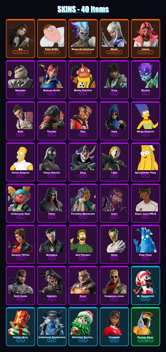 [PC/PSN] | Era | Peter Griffin | Renzo the Destroyer | Mizuki | Valeria | 40 skin | 65 pickaxe | 47 emote | 59 glider | Lv757