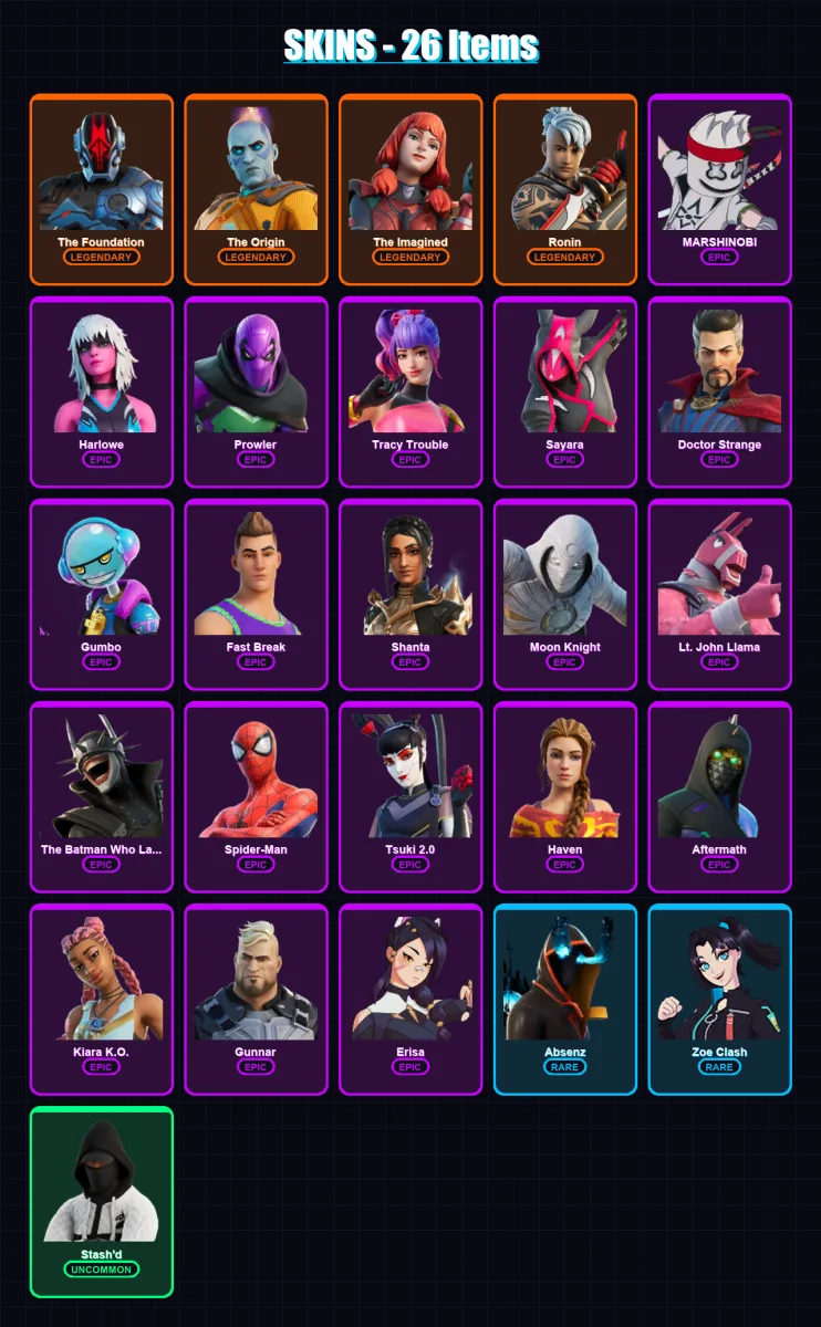 [PC/XBOX/PSN] | The Foundation | The Origin | The Imagined | Ronin | MARSHINOBI | 26 skin | 26 pickaxe | 15 emote | 18 glider | Lv249