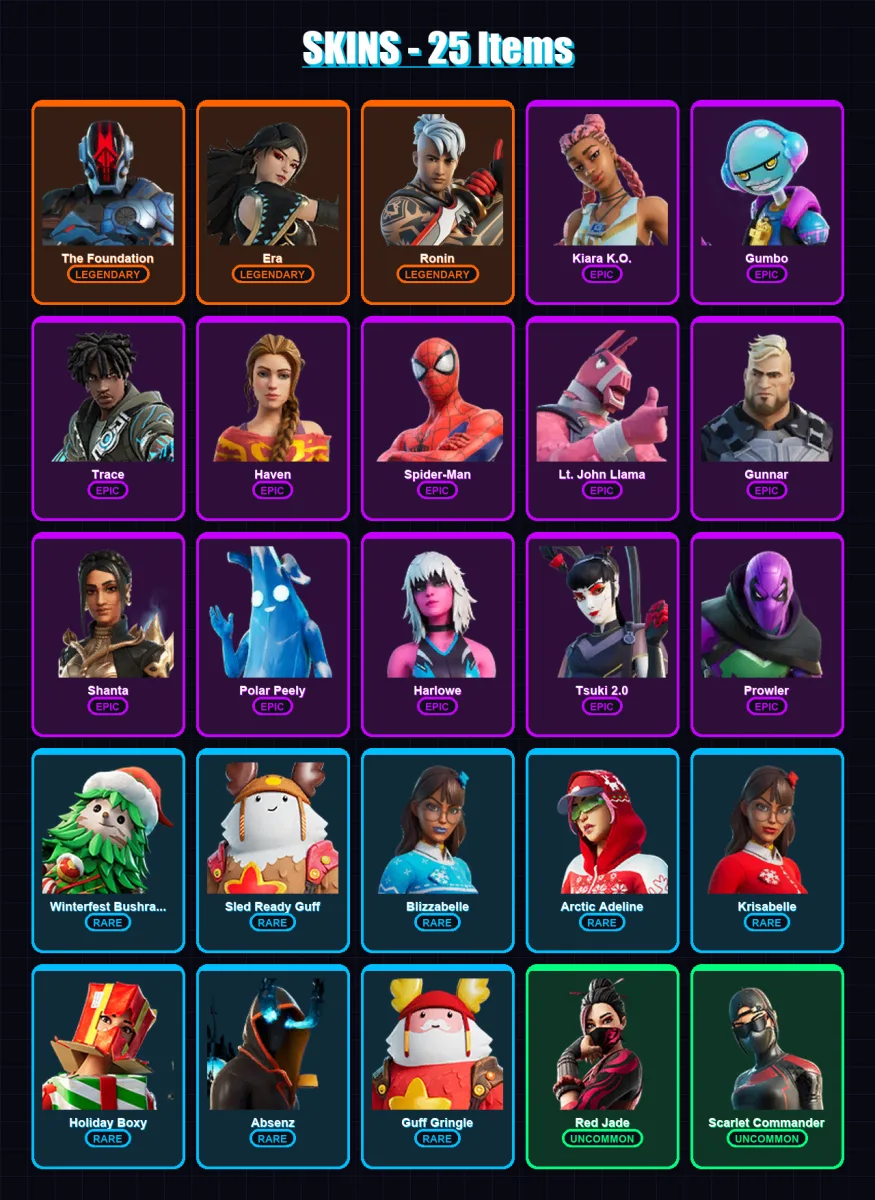 [PC/XBOX/PSN] | The Foundation | Era | Ronin | Kiara K.O. | Gumbo | 25 skin | 39 pickaxe | 22 emote | 35 glider | Lv413