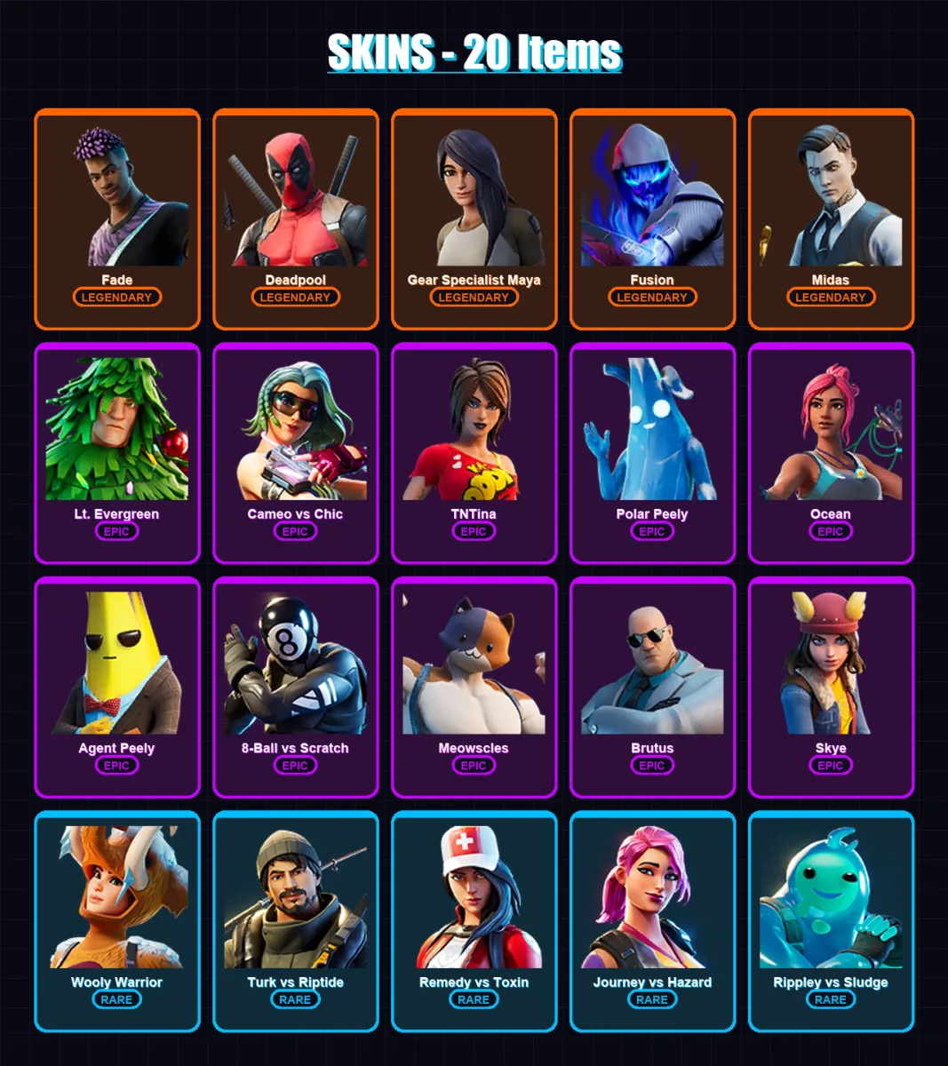 [PC/XBOX/PSN] | Fade | Deadpool | Gear Specialist Maya | Fusion | Midas | 20 skin | 32 pickaxe | 29 emote | 35 glider | Lv600