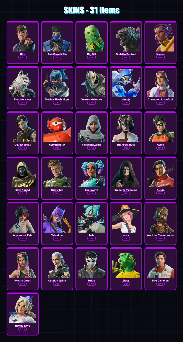 [PC/XBOX/PSN] | Clix | Sub-Zero (MK3) | Big Dill | Godzilla Evolved | Marika | 31 skin | 47 pickaxe | 38 emote | 38 glider | Lv751