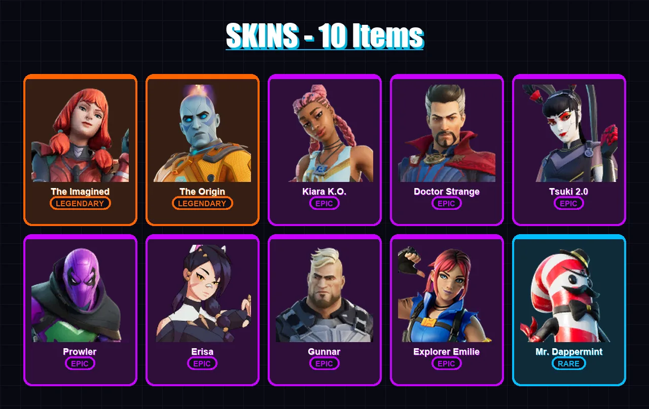 [PC/XBOX/PSN] | The Imagined | The Origin | Kiara K.O. | Doctor Strange | Tsuki 2.0 | 10 skin | 9 pickaxe | 10 emote | 10 glider | Lv113