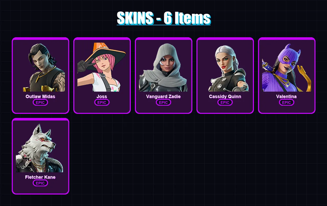 [PC/XBOX/PSN] | Outlaw Midas | Joss | Vanguard Zadie | Cassidy Quinn | Valentina | 6 skin | 10 pickaxe | 8 emote | 9 glider | Lv57