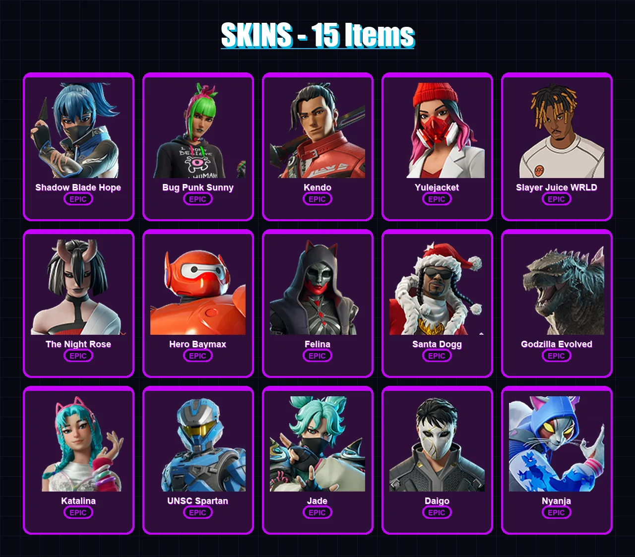 [PC/XBOX] | Shadow Blade Hope | Bug Punk Sunny | Kendo | Yulejacket | Slayer Juice WRLD | 15 skin | 57 pickaxe | 25 emote | 40 glider | Lv655