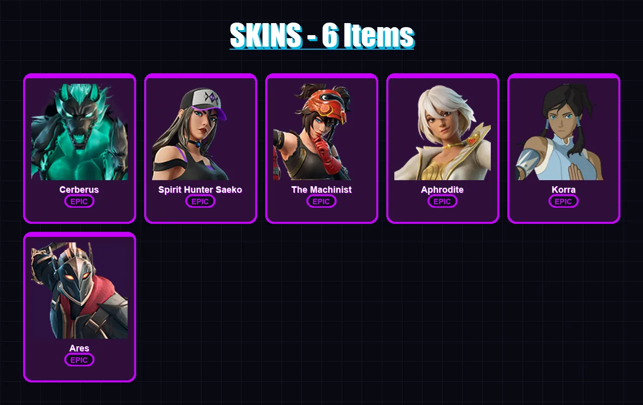 [PC/XBOX/PSN] | Cerberus | Spirit Hunter Saeko | The Machinist | Aphrodite | Korra | 6 skin | 11 pickaxe | 9 emote | 9 glider | Lv97