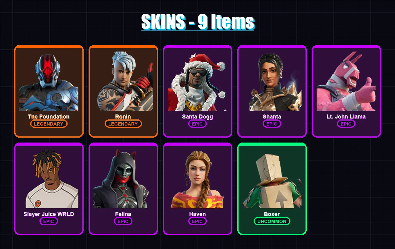[PC/PSN] | The Foundation | Ronin | Santa Dogg | Shanta | Lt. John Llama | 9 skin | 42 pickaxe | 17 emote | 29 glider | Lv392