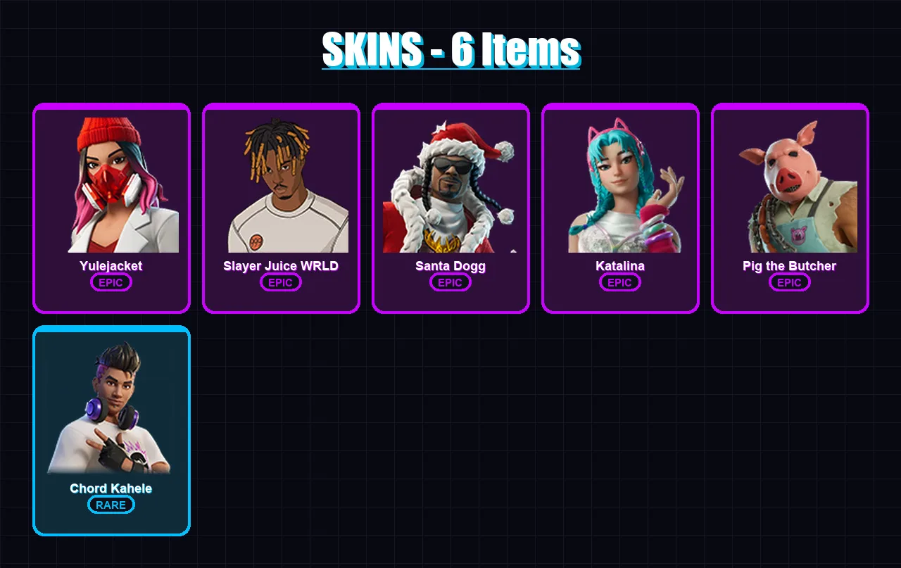 [PC/XBOX/PSN] | Yulejacket | Slayer Juice WRLD | Santa Dogg | Katalina | Pig the Butcher | 6 skin | 26 pickaxe | 10 emote | 15 glider | Lv151