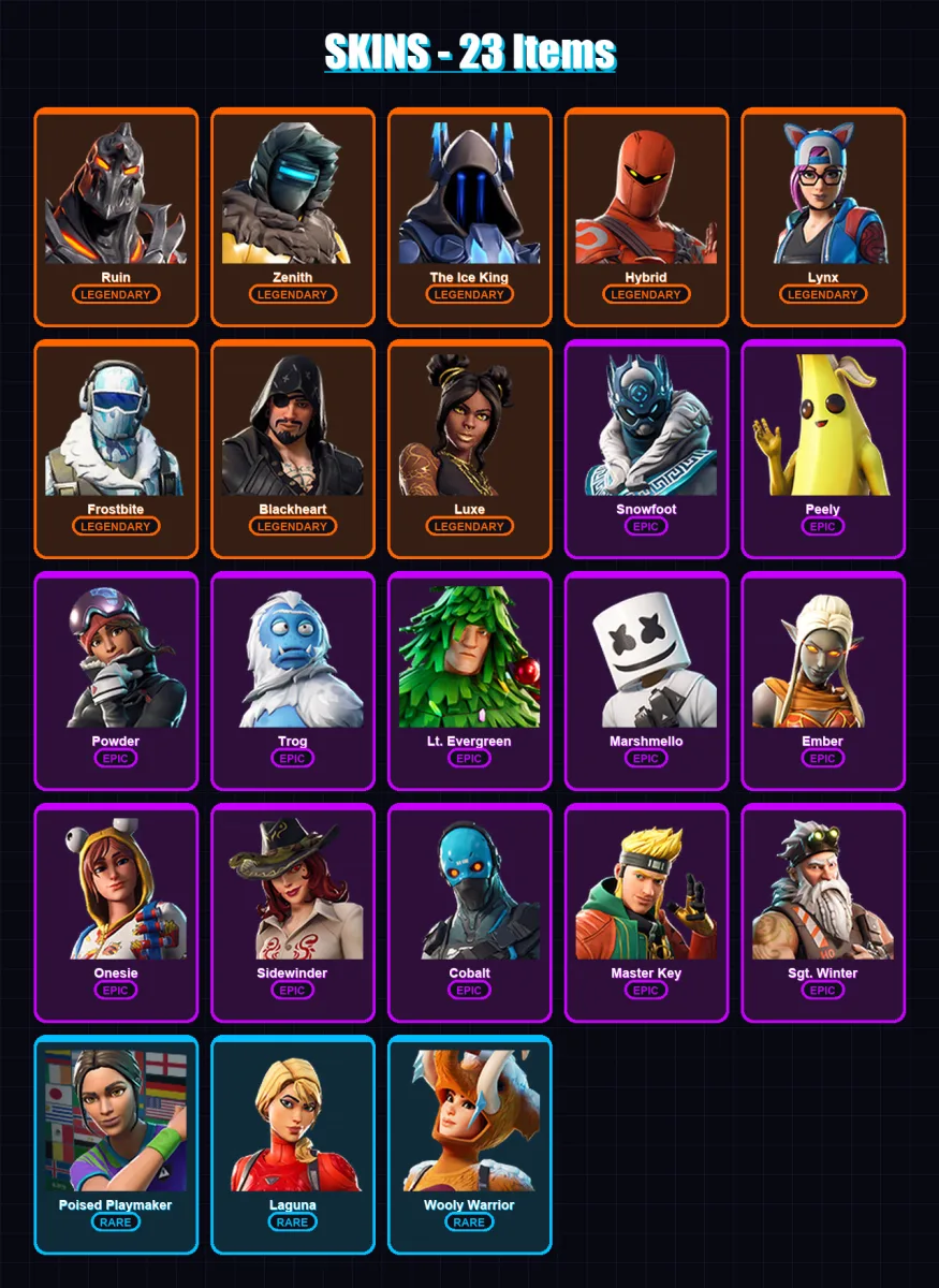 [PC/XBOX/PSN] | Ruin | Zenith | The Ice King | Hybrid | Lynx | 23 skin | 23 pickaxe | 32 emote | 24 glider | Lv285