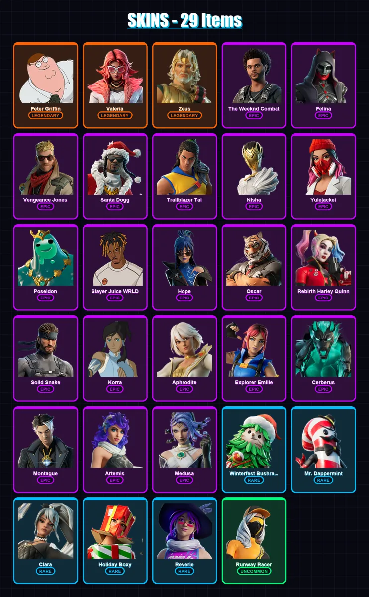 [PC/XBOX/PSN] | Peter Griffin | Valeria | Zeus | The Weeknd Combat | Felina | 29 skin | 45 pickaxe | 34 emote | 32 glider | Lv500