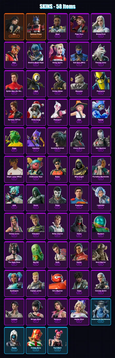 [PC/PSN] | Era | Optimus Prime | Shuri | Piper Pace | Emma Frost | 58 skin | 108 pickaxe | 80 emote | 81 glider | Lv1633