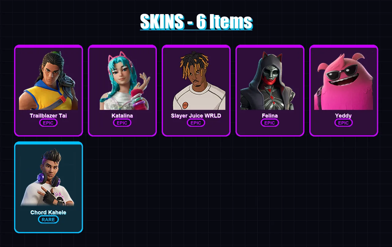 [PC/XBOX/PSN] | Trailblazer Tai | Katalina | Slayer Juice WRLD | Felina | Yeddy | 6 skin | 25 pickaxe | 11 emote | 16 glider | Lv298