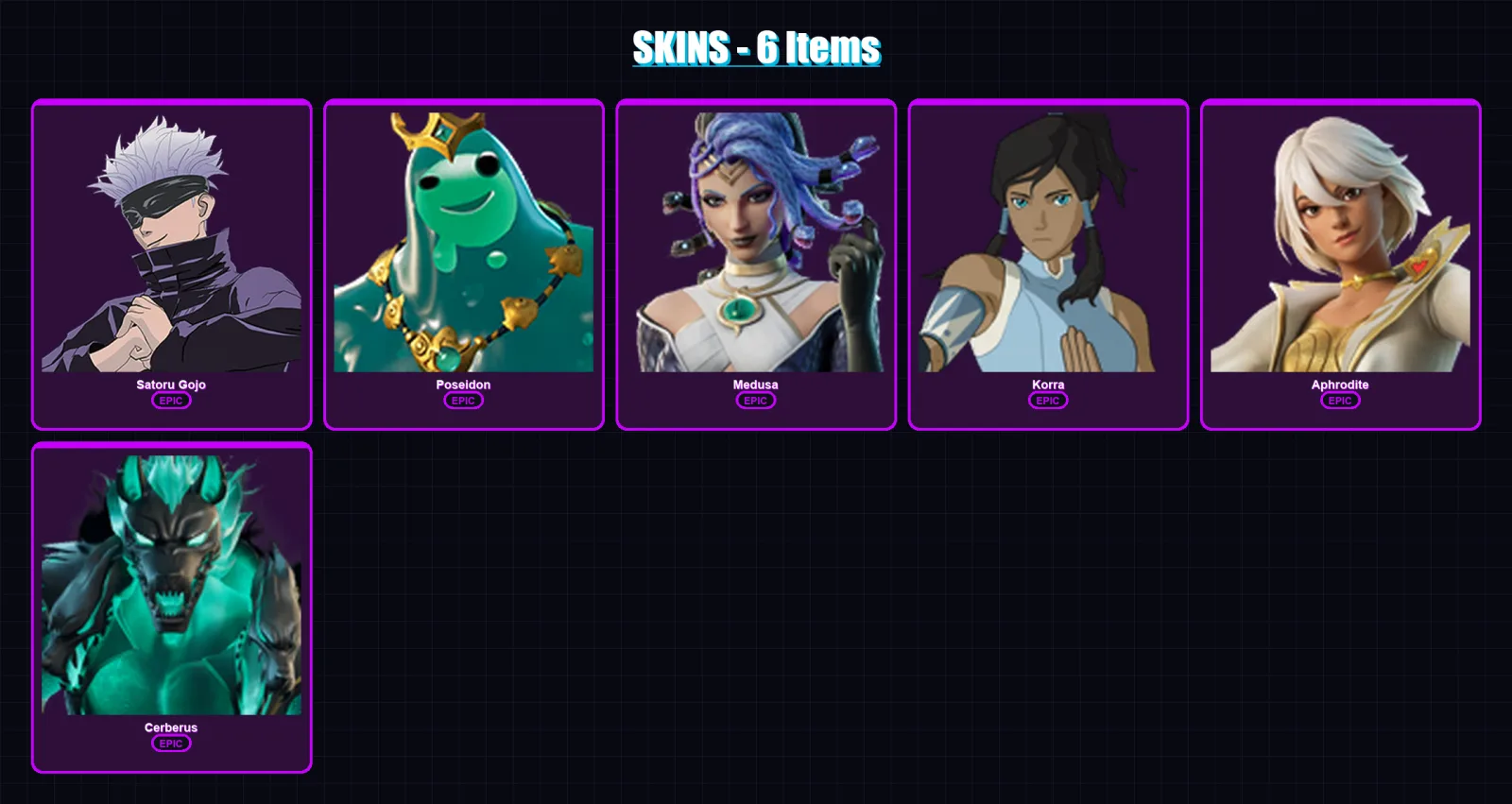[PC/XBOX/PSN] | Satoru Gojo | Poseidon | Medusa | Korra | Aphrodite | 6 skin | 8 pickaxe | 6 emote | 9 glider | Lv61
