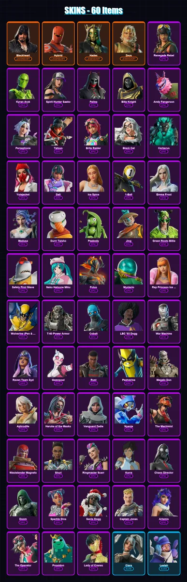 [PC/XBOX/PSN] | Blackheart | Hybrid | Hades | Zeus | Renegade Rebel | 60 skin | 84 pickaxe | 52 emote | 50 glider | Lv600