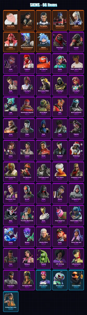 [SWITCH/XBOX/PSN/PC] | Peter Griffin | Era | The Ageless | Optimus Prime | Mizuki | 66 skin | 99 pickaxe | 69 emote | 77 glider | Lv1189