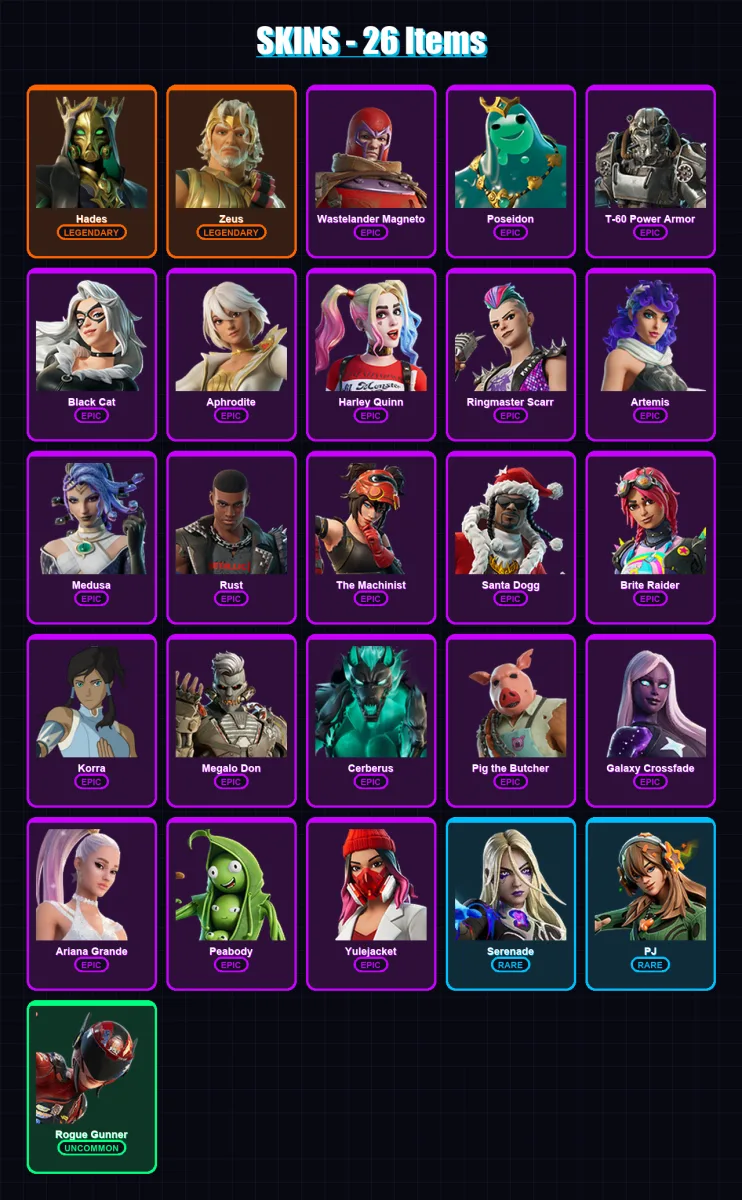 [PS4/PS5/XBOX/PC] | Hades | Zeus | Wastelander Magneto | Poseidon | T-60 Power Armor | 26 skin | 47 pickaxe | 30 emote | 37 glider | Lv508