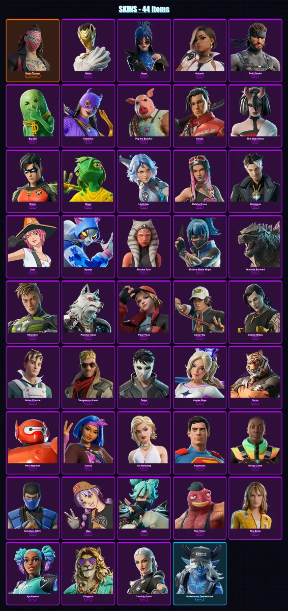 [SWITCH/XBOX/PSN/PC] | Kado Thorne | Nisha | Hope | Antonia | Solid Snake | 44 skin | 87 pickaxe | 59 emote | 68 glider | Lv1018