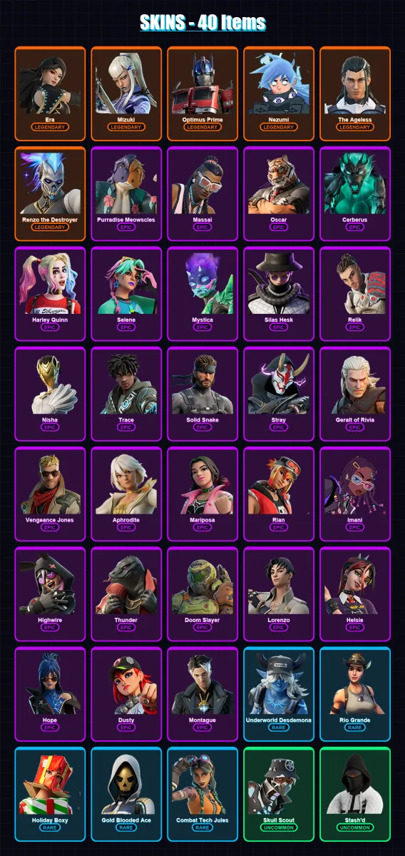 [PC/XBOX/PSN] | Era | Mizuki | Optimus Prime | Nezumi | The Ageless | 40 skin | 44 pickaxe | 47 emote | 42 glider | Lv515 — Fortnite account