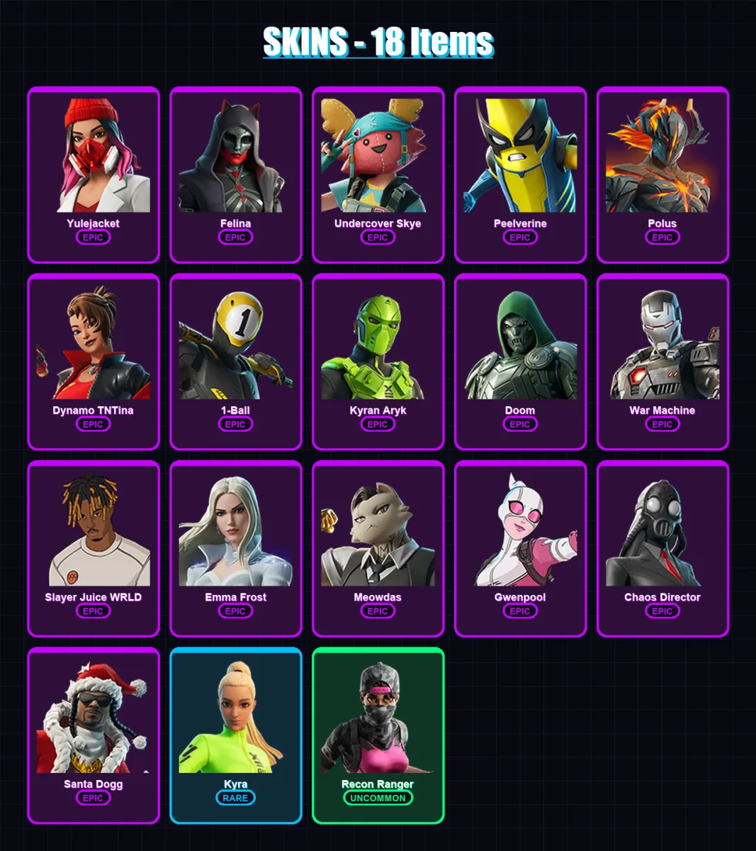 [PC/XBOX/PSN] | Yulejacket | Felina | Undercover Skye | Peelverine | Polus | 18 skin | 27 pickaxe | 15 emote | 19 glider | Lv142