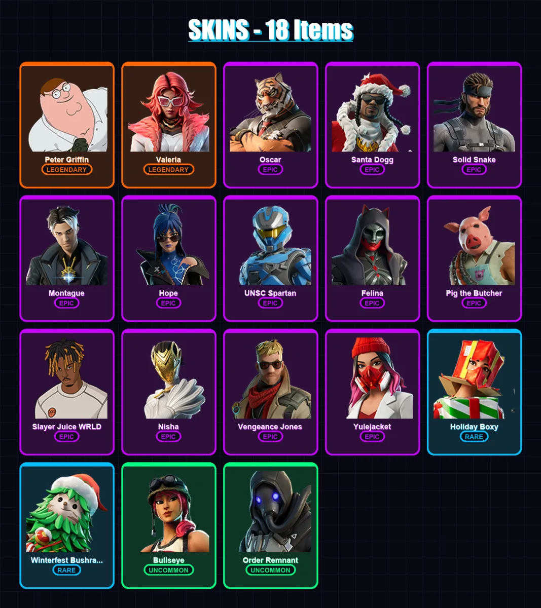 [PC/XBOX/PSN] | Peter Griffin | Valeria | Oscar | Santa Dogg | Solid Snake | 18 skin | 58 pickaxe | 25 emote | 40 glider | Lv569