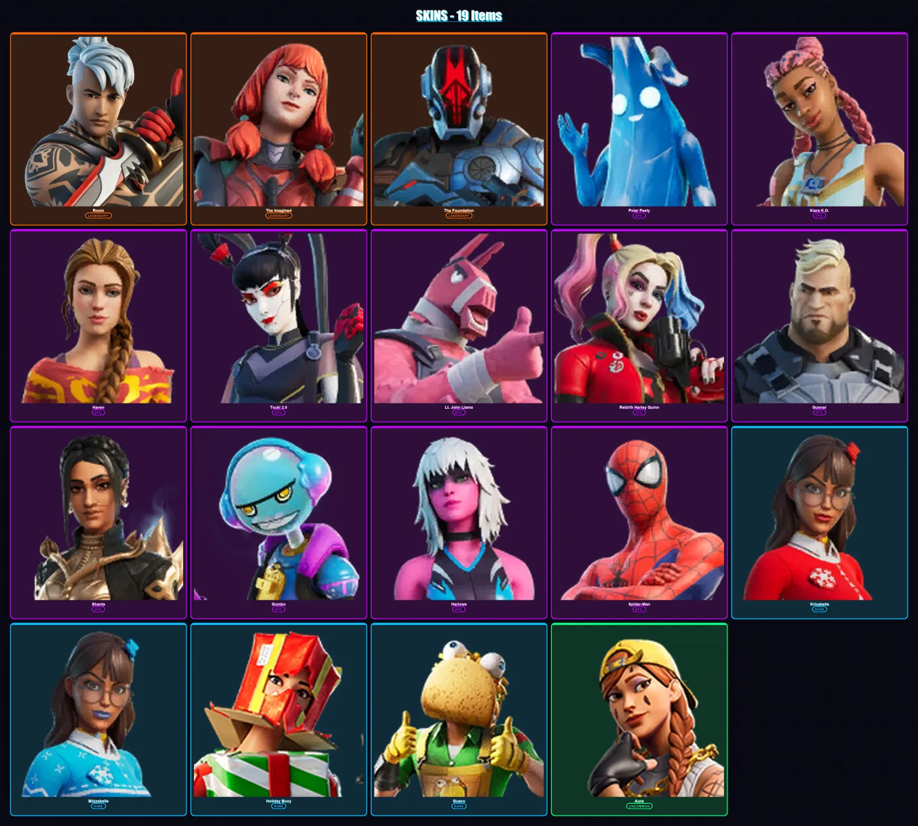 [PC/XBOX/PSN] | Ronin | The Imagined | The Foundation | Polar Peely | Kiara K.O. | 19 skin | 20 pickaxe | 26 emote | 23 glider | Lv373