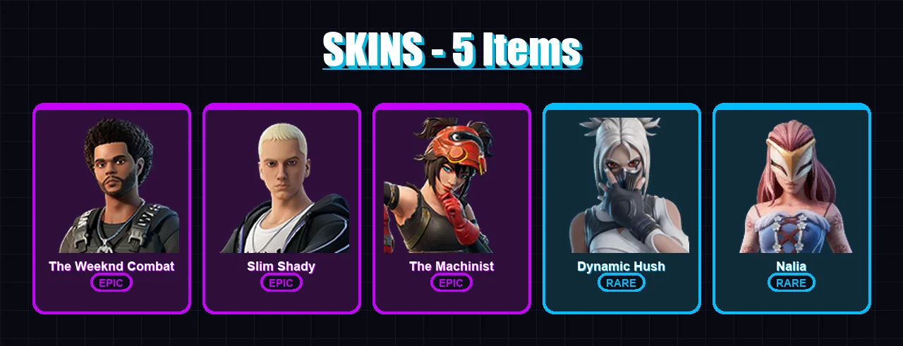 [PC] | The Weeknd Combat | Slim Shady | The Machinist | Dynamic Hush | Nalia | 5 skin | 14 pickaxe | 4 emote | 13 glider | Lv130