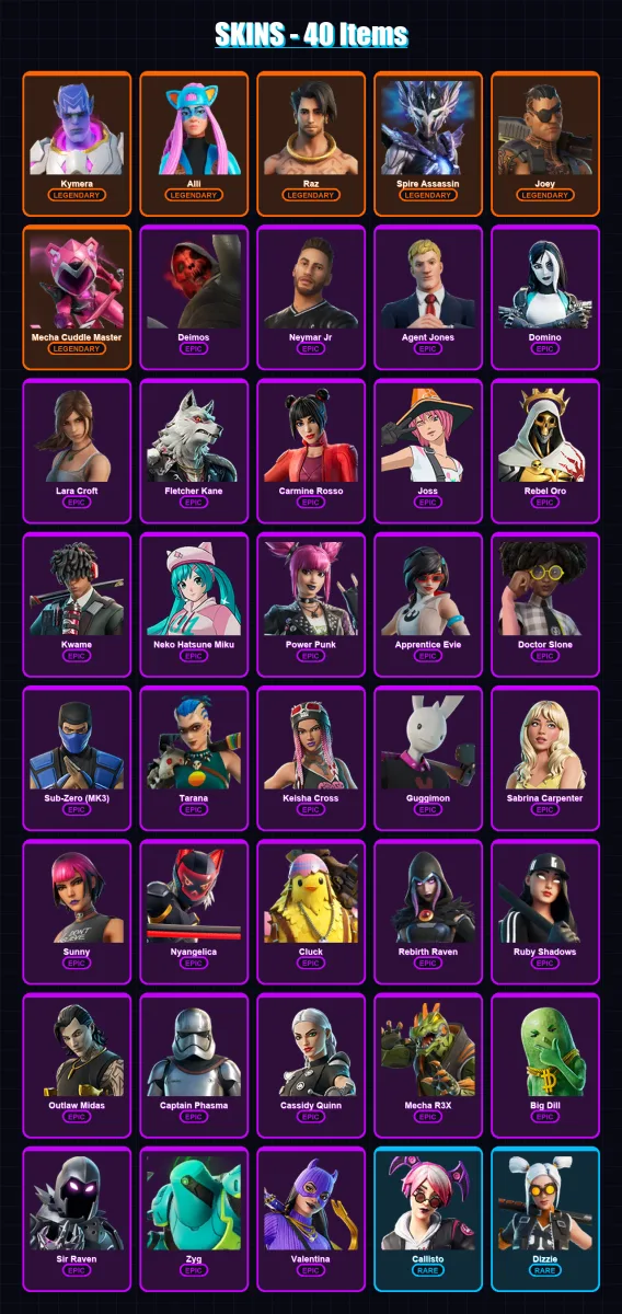 [SWITCH/XBOX/PSN/PC] | Kymera | Alli | Raz | Spire Assassin | Joey | 40 skin | 45 pickaxe | 51 emote | 35 glider | Lv617