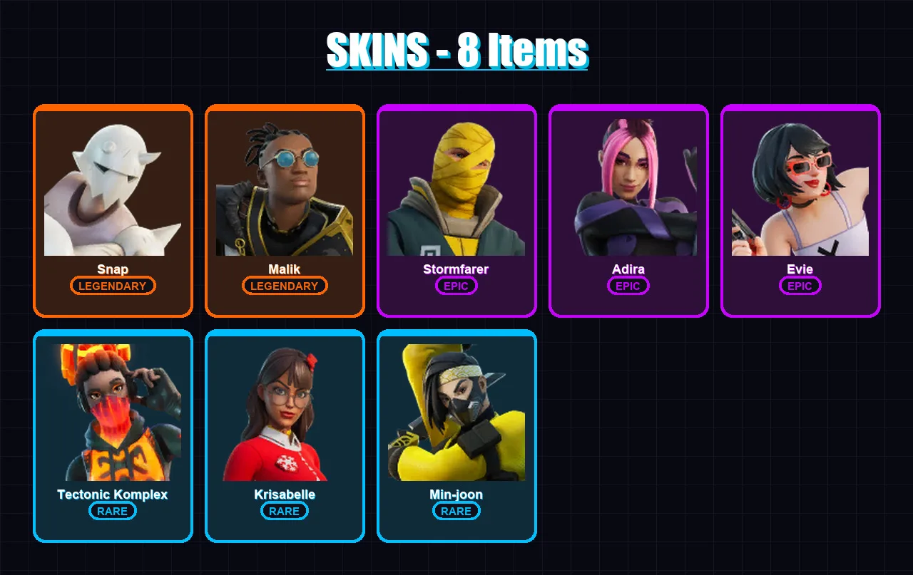[PC/XBOX/PSN] | Snap | Malik | Stormfarer | Adira | Evie | 8 skin | 26 pickaxe | 24 emote | 20 glider | Lv369