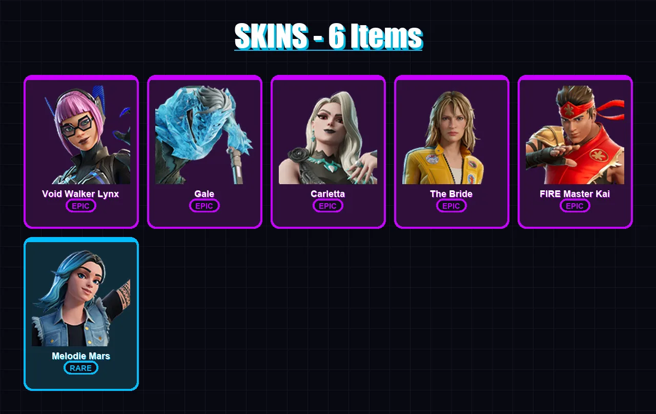 [PC/PSN] | Void Walker Lynx | Gale | Carletta | The Bride | FIRE Master Kai | 6 skin | 4 pickaxe | 3 emote | 3 glider | Lv7