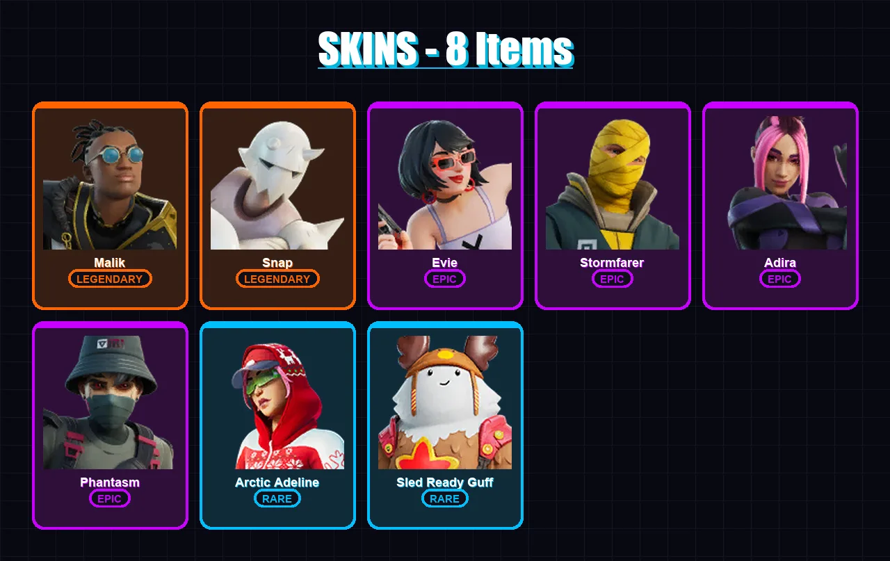 [PC/XBOX] | Malik | Snap | Evie | Stormfarer | Adira | 8 skin | 13 pickaxe | 8 emote | 13 glider | Lv137