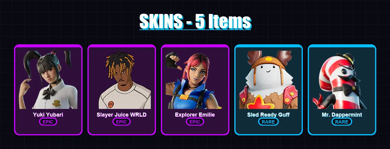 [PC/XBOX] | Yuki Yubari | Slayer Juice WRLD | Explorer Emilie | Sled Ready Guff | Mr. Dappermint | 5 skin | 23 pickaxe | 8 emote | 17 glider | Lv298