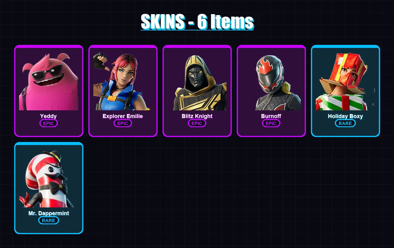 [PC/XBOX/PSN] | Yeddy | Explorer Emilie | Blitz Knight | Burnoff | Holiday Boxy | 6 skin | 23 pickaxe | 11 emote | 16 glider | Lv166