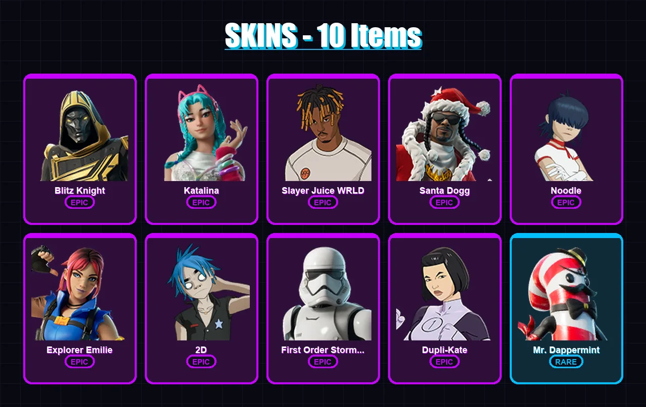 [PC/PSN] | Blitz Knight | Katalina | Slayer Juice WRLD | Santa Dogg | Noodle | 10 skin | 31 pickaxe | 13 emote | 19 glider | Lv166 — Fortnite account