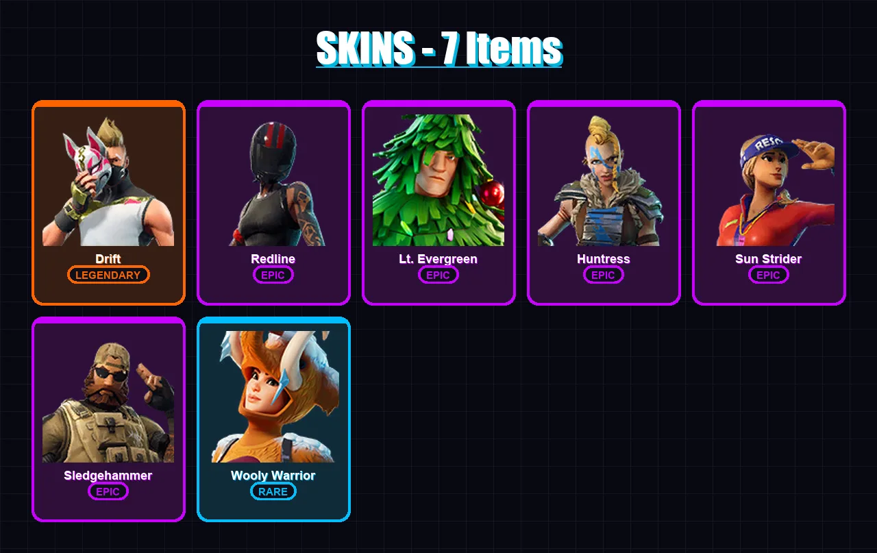 [SWITCH/XBOX/PSN/PC] | Drift | Redline | Lt. Evergreen | Huntress | Sun Strider | 7 skin | 7 pickaxe | 17 emote | 12 glider | Lv153