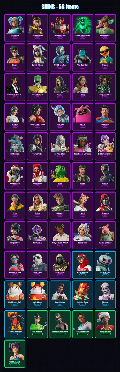 [PC/XBOX/PSN] | Synthwave | The Voidblade | Dino Megazord | Spectral Devourer | Heatwave PJ | 56 skin | 119 pickaxe | 65 emote | 79 glider | Lv2006