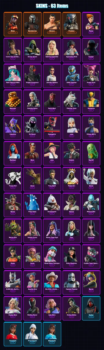 [PC/XBOX/PSN] | Blaze | Mandalorian | Menace | Predator | Reese | 63 skin | 79 pickaxe | 53 emote | 66 glider | Lv844