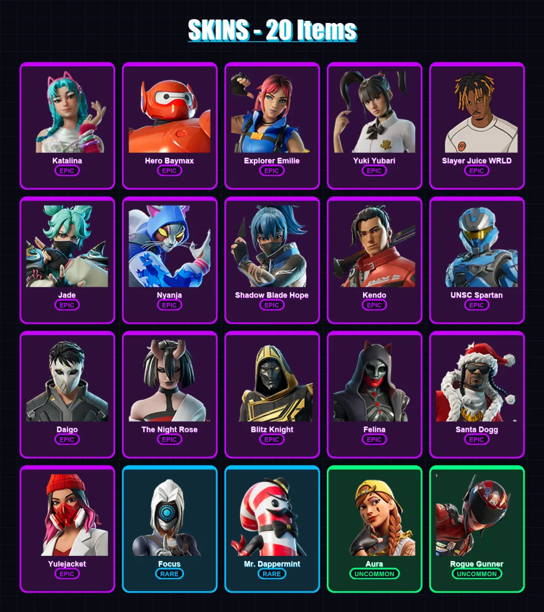[PC] | Katalina | Hero Baymax | Explorer Emilie | Yuki Yubari | Slayer Juice WRLD | 20 skin | 84 pickaxe | 34 emote | 44 glider | Lv1520
