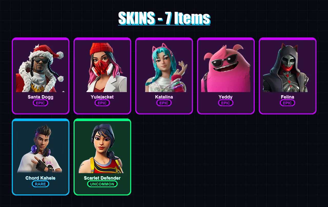 [PC/XBOX/PSN] | Santa Dogg | Yulejacket | Katalina | Yeddy | Felina | 7 skin | 33 pickaxe | 12 emote | 24 glider | Lv396