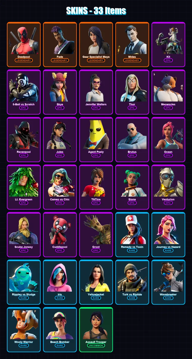 [PC/XBOX/PSN] | Deadpool | Fade | Gear Specialist Maya | Midas | Kit | 33 skin | 34 pickaxe | 50 emote | 34 glider | Lv417 — Fortnite account