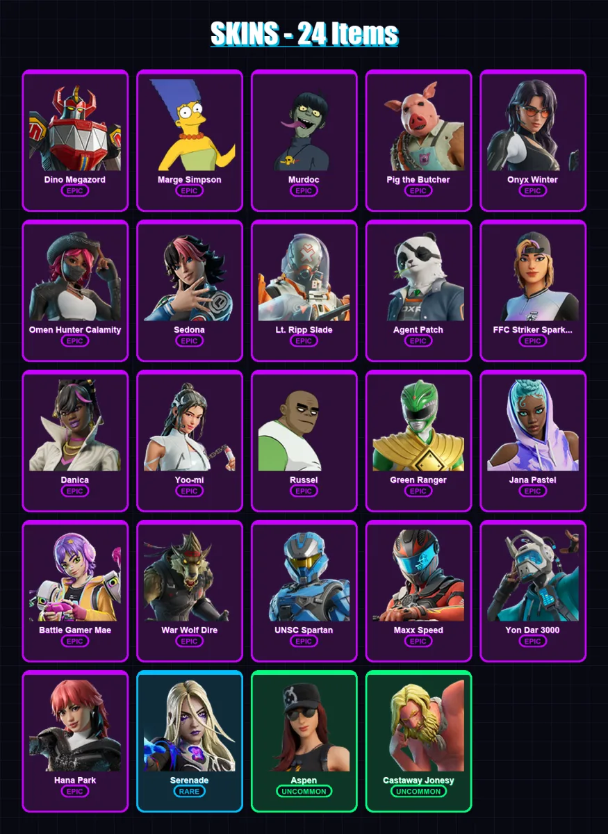 [PC/XBOX/PSN] | Dino Megazord | Marge Simpson | Murdoc | Pig the Butcher | Onyx Winter | 24 skin | 43 pickaxe | 30 emote | 20 glider | Lv260