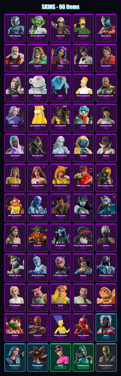 [PC/PSN] | UNSC Spartan | Doctor Malachite | Carter Wu | Ned Flanders | Maxx Speed | 60 skin | 76 pickaxe | 42 emote | 44 glider | Lv780