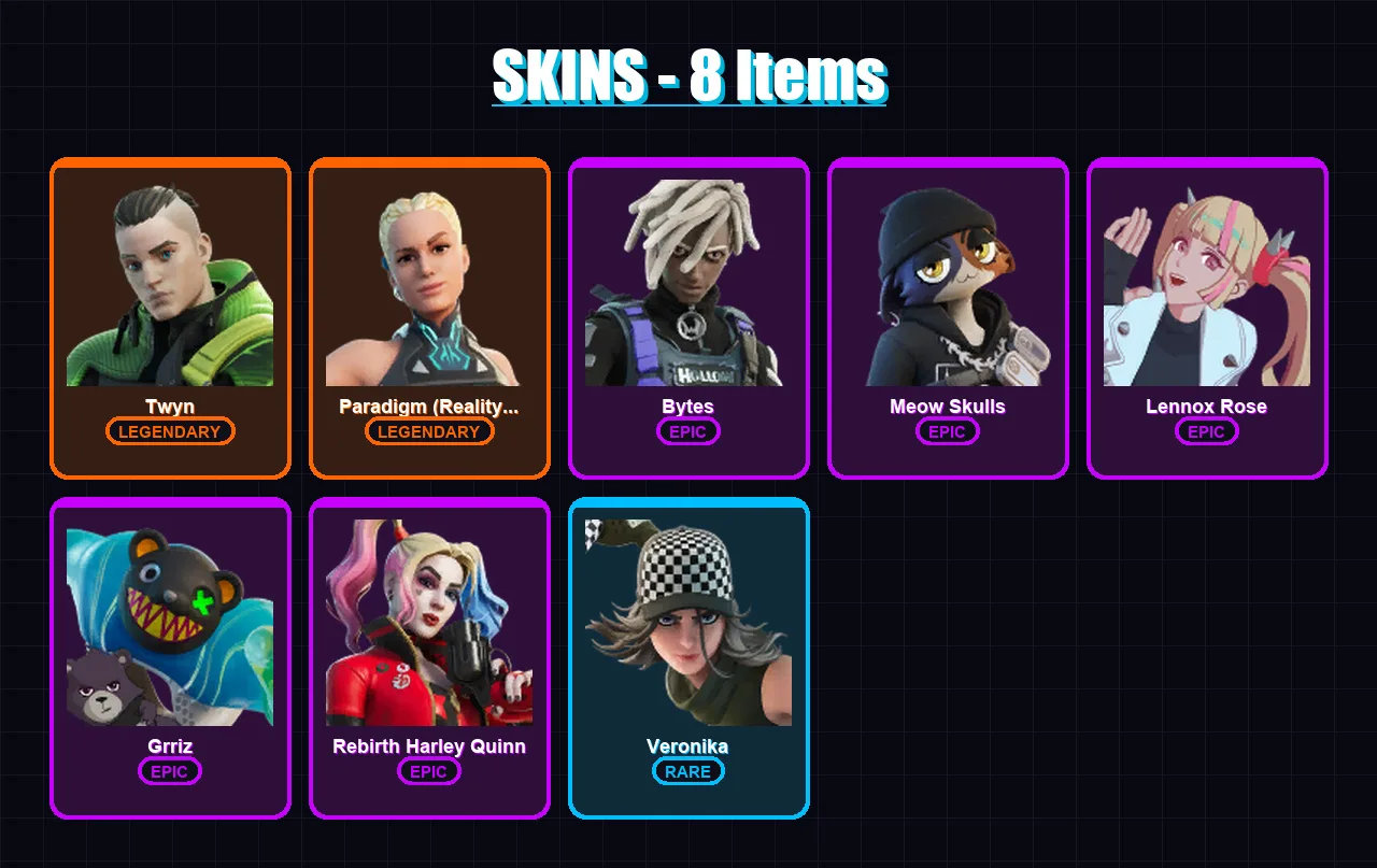 [PC/XBOX/PSN] | Twyn | Paradigm (Reality-659) | Bytes | Meow Skulls | Lennox Rose | 8 skin | 13 pickaxe | 9 emote | 11 glider | Lv121