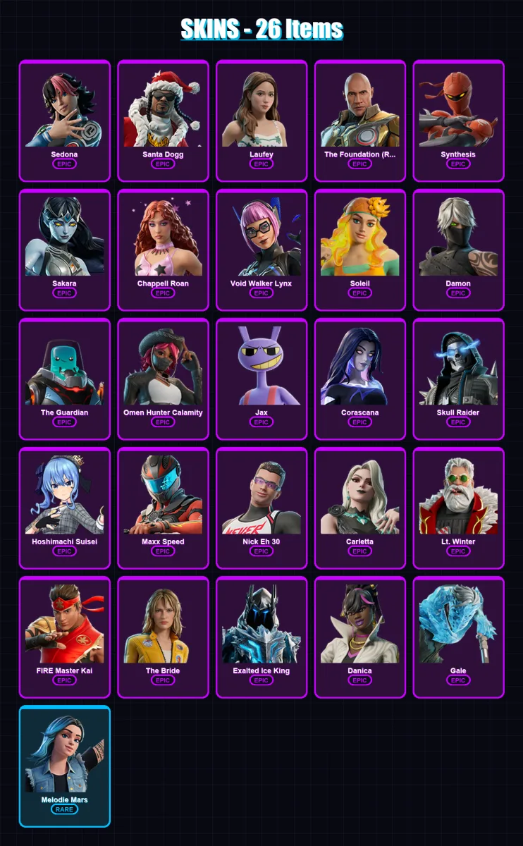 [PC/PSN] | Sedona | Santa Dogg | Laufey | The Foundation (Reforged) | Synthesis | 26 skin | 22 pickaxe | 9 emote | 7 glider | Lv62