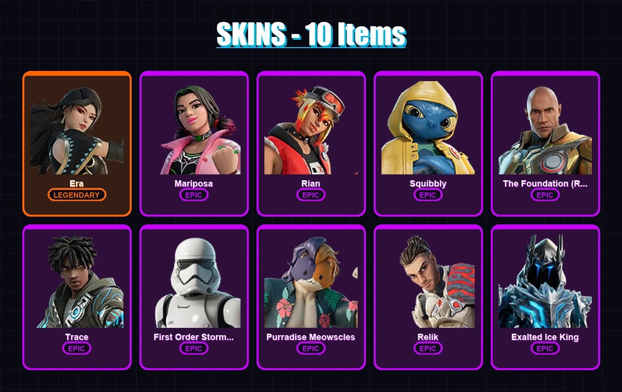 [SWITCH/PSN/PC] | Era | Mariposa | Rian | Squibbly | The Foundation (Reforged) | 10 skin | 12 pickaxe | 13 emote | 14 glider | Lv101