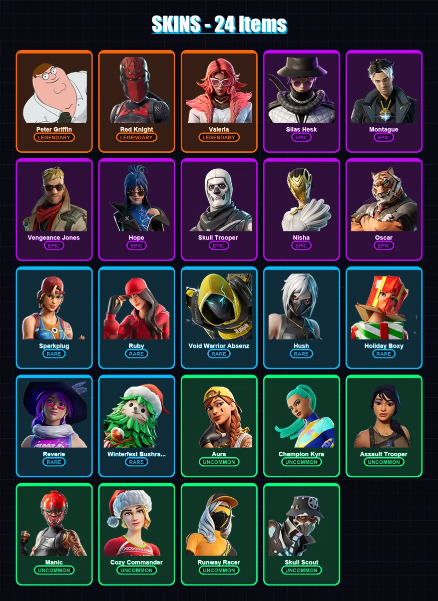 [PS4/PS5/XBOX/PC] | Peter Griffin | Red Knight | Valeria | Silas Hesk | Montague | 24 skin | 24 pickaxe | 19 emote | 13 glider | Lv158