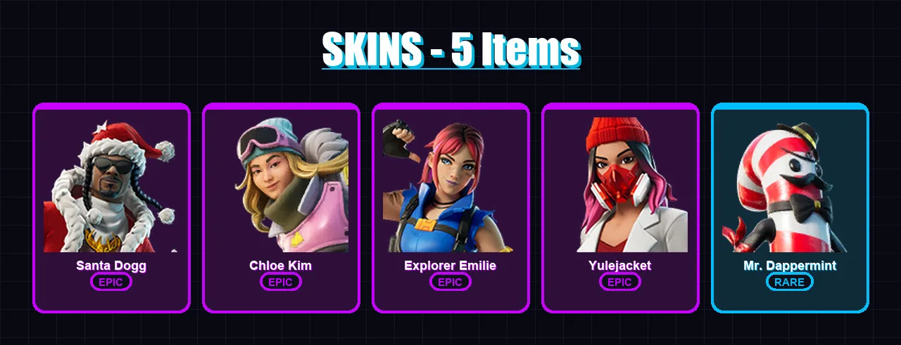 [PC/XBOX/PSN] | Santa Dogg | Chloe Kim | Explorer Emilie | Yulejacket | Mr. Dappermint | 5 skin | 20 pickaxe | 14 emote | 16 glider | Lv164