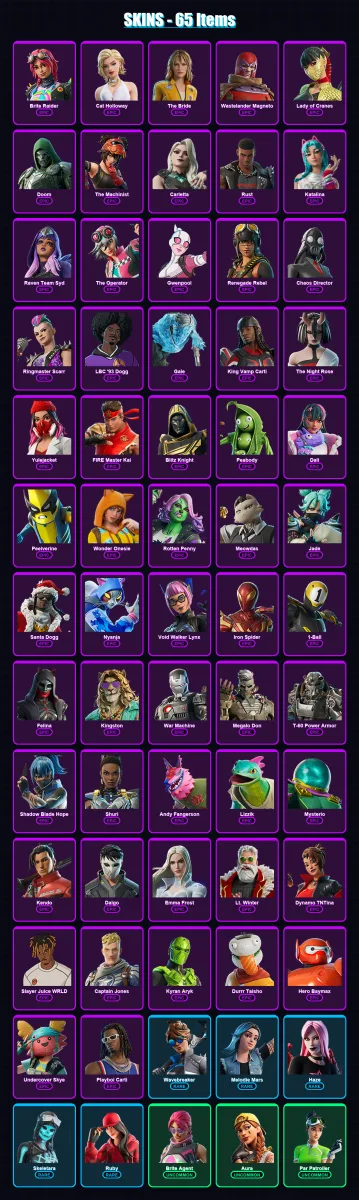 [PC/PSN] | Brite Raider | Cat Holloway | The Bride | Wastelander Magneto | Lady of Cranes | 65 skin | 91 pickaxe | 68 emote | 51 glider | Lv663 — Fortnite account